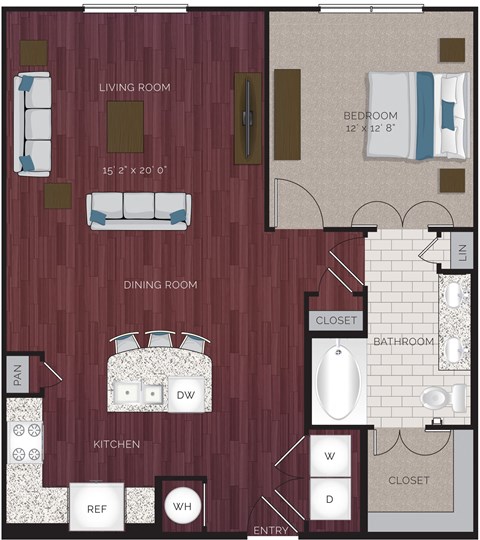 Floor plan for 1 bed, 1 bath, 759 sqft